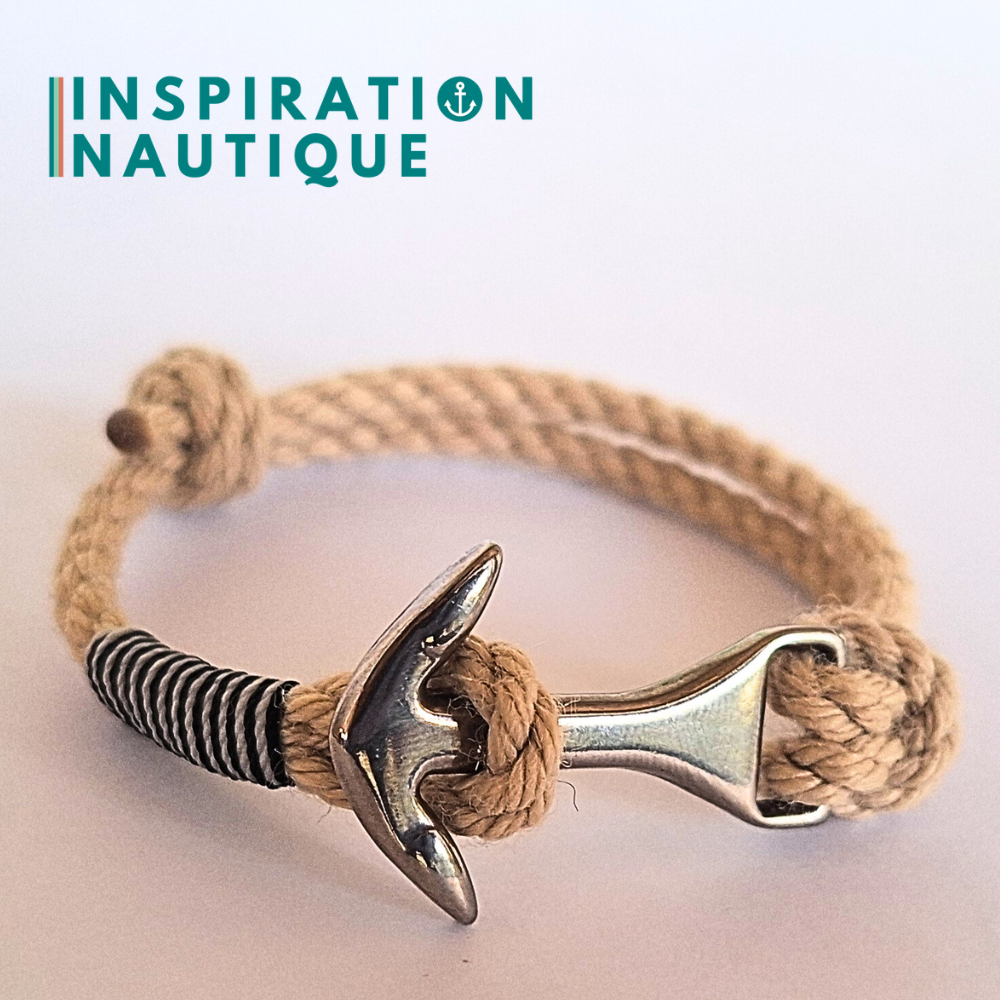 Bracelet ancre moyenne ajustable en cordage de bateau vintage, Naturel, surliure noire et blanche, Medium