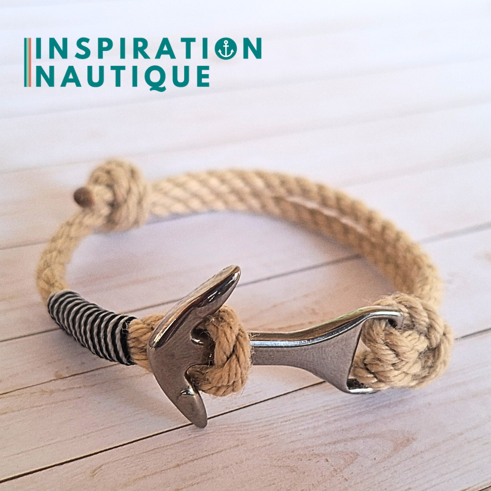 Bracelet ancre moyenne ajustable en cordage de bateau vintage, Naturel, surliure noire et blanche, Medium