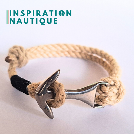 Bracelet ancre moyenne ajustable en cordage de bateau vintage, Naturel, surliure noire, Medium