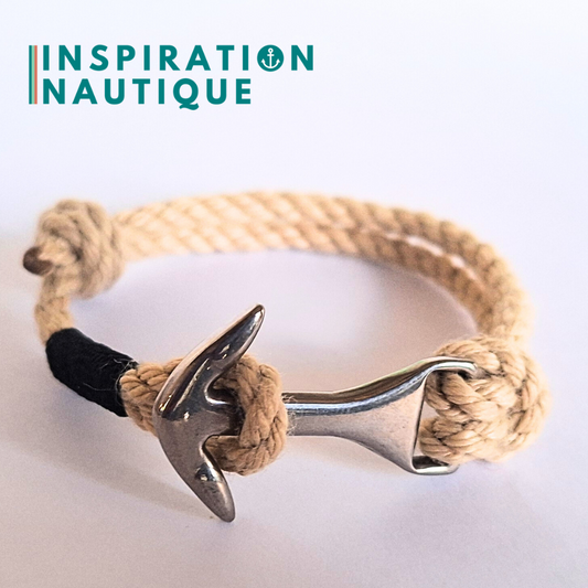 Bracelet ancre moyenne ajustable en cordage de bateau vintage et acier inoxydable, Naturel, surliure noire, Medium