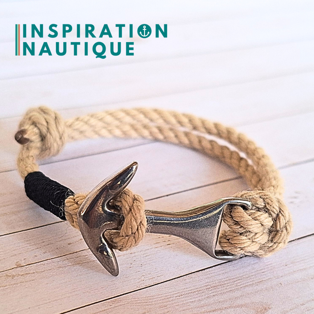 Bracelet ancre moyenne ajustable en cordage de bateau vintage, Naturel, surliure noire, Medium