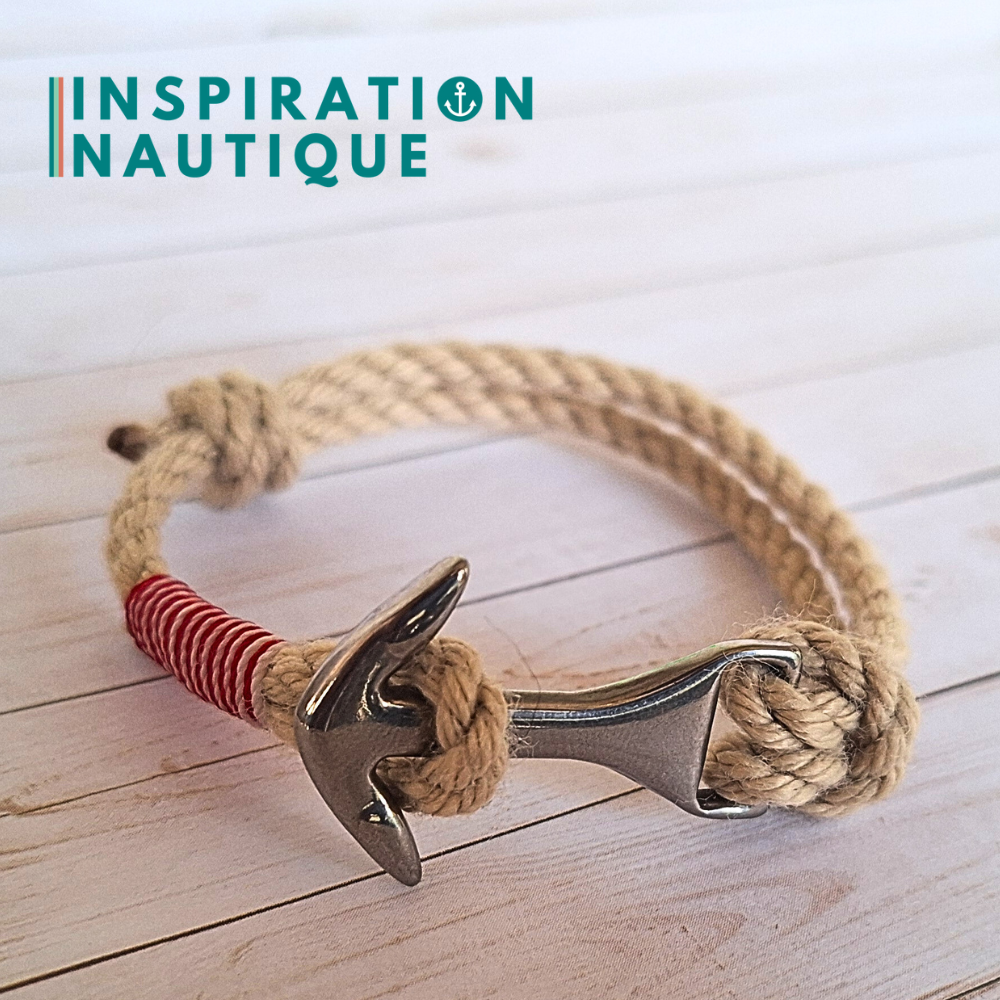 Bracelet ancre moyenne ajustable en cordage de bateau vintage, Naturel, surliure rouge et blanche, Medium