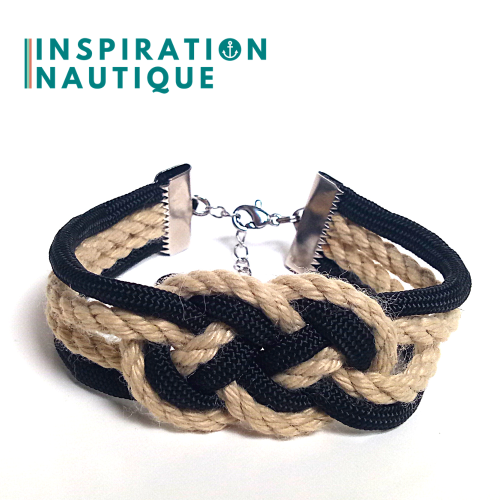 Bracelet marin avec noeud de carrick double, en paracorde 550, cordage de bateau authentique, paracorde, et acier inoxydable, Noir et naturel, Medium