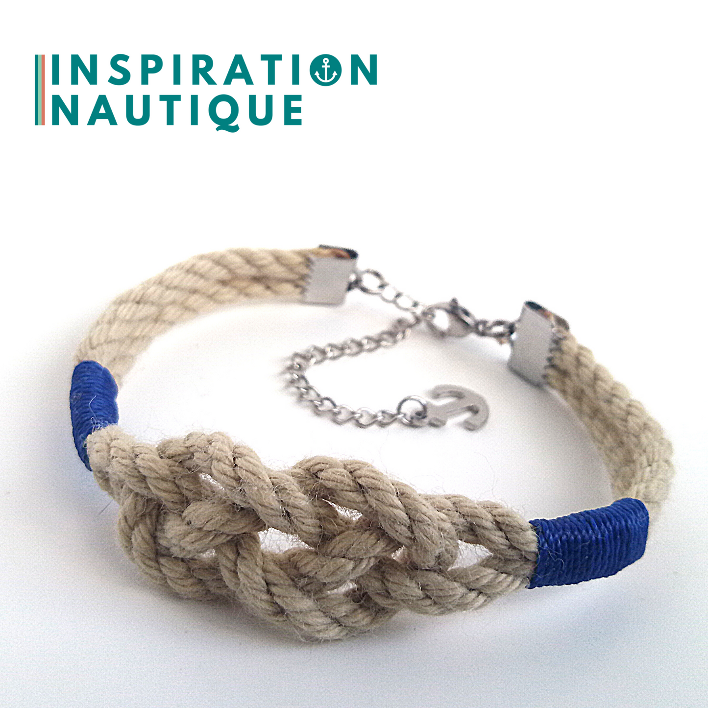 Bracelet marin avec noeud de carrick simple, en cordage de bateau et acier inoxydable, Naturel, surliures marines, Medium