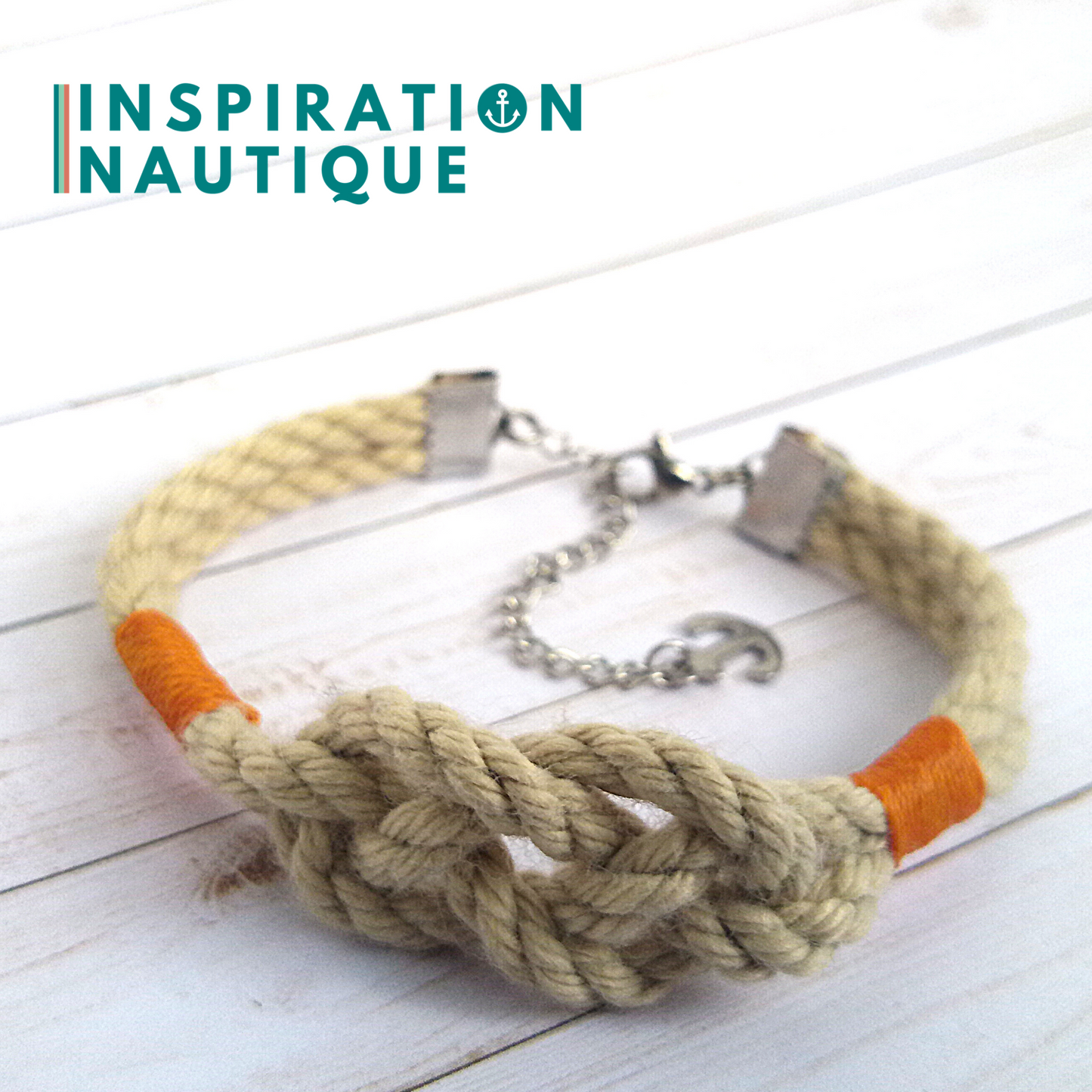 Bracelet marin avec noeud de carrick simple, en cordage de bateau authentique et acier inoxydable, Naturel, surliures jaunes, Small