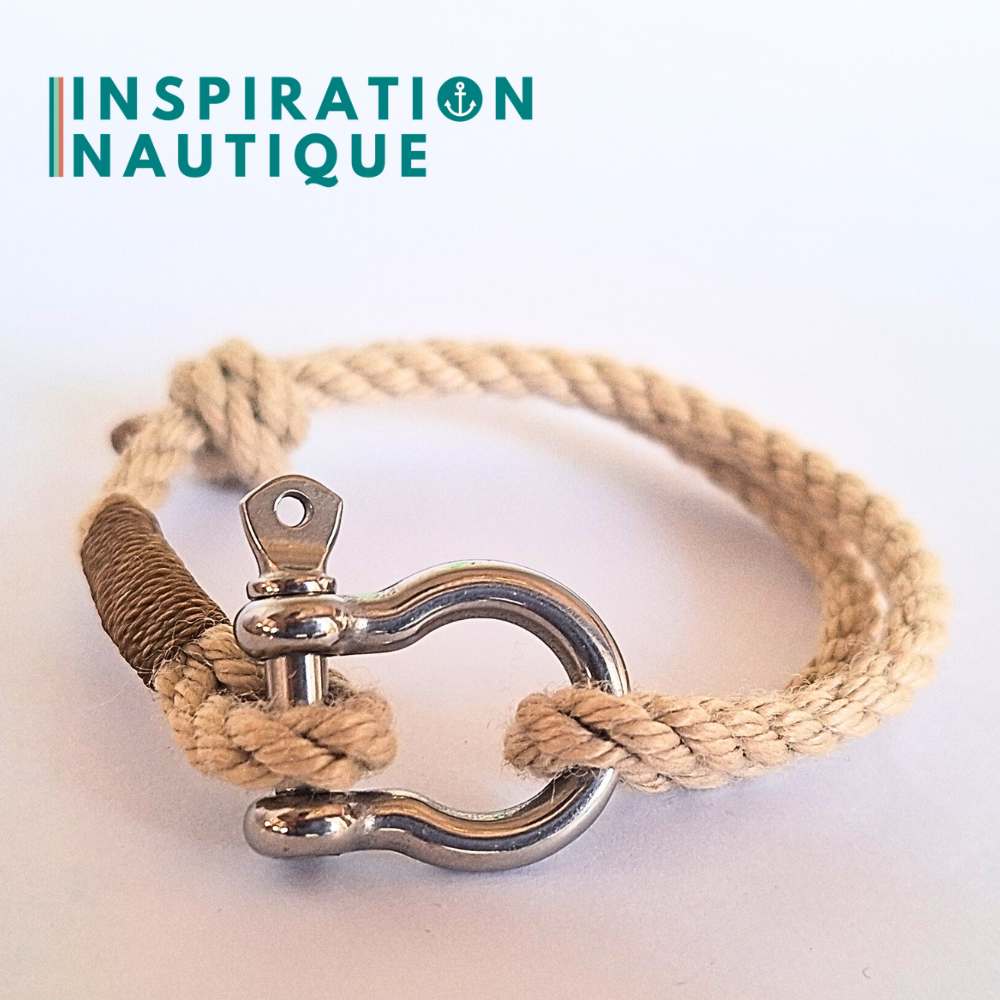 Bracelet marin avec manille en cordage de bateau et acier inoxydable, ajustable, Naturel, surliure brune, Medium