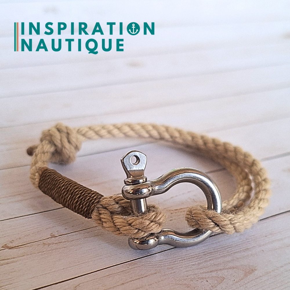 Bracelet marin avec manille en cordage de bateau et acier inoxydable, ajustable, Naturel, surliure brune, Medium