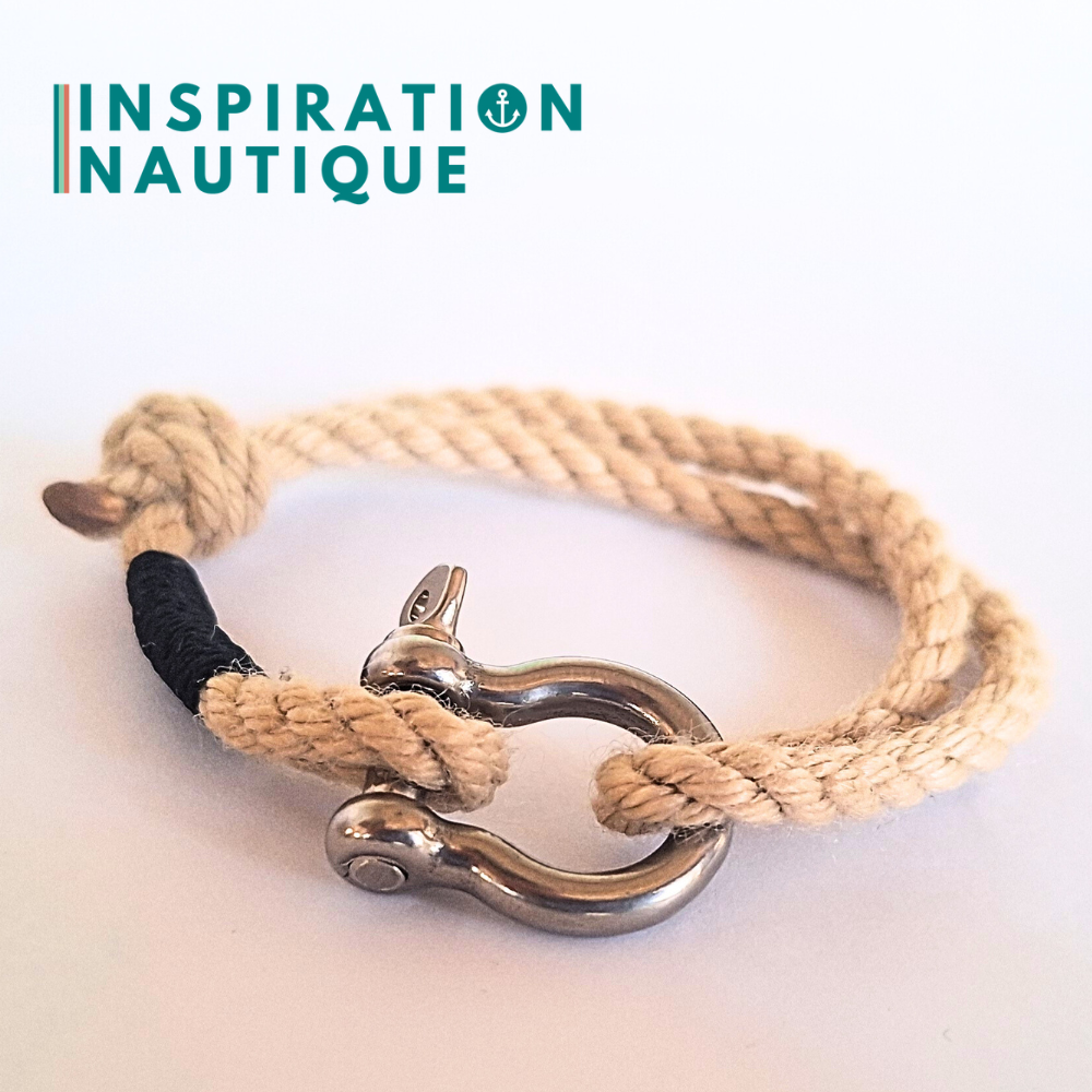 Bracelet marin avec manille en cordage de bateau et acier inoxydable, ajustable, Naturel, surliure Marine foncé, Medium