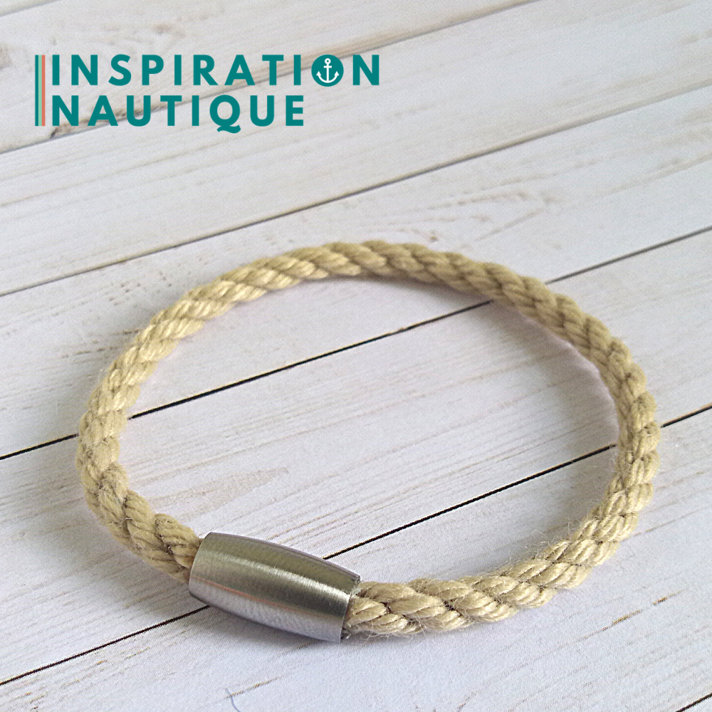 Bracelet simple avec aimant en cordage de bateau vintage et acier inoxydable, Naturel, Small