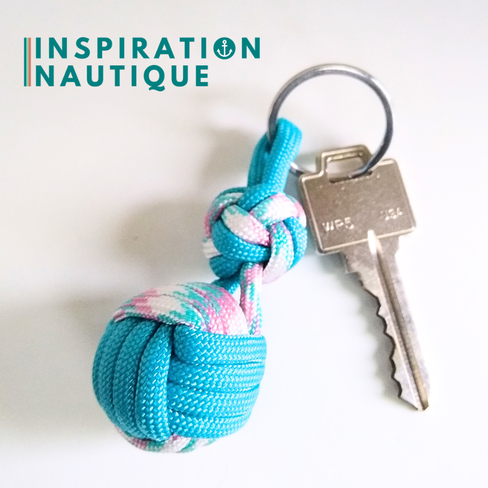 Porte-clé noeud poing de singe et double noeud de sifflet de bosco, Turquoise, et turquoise, rose et blanc