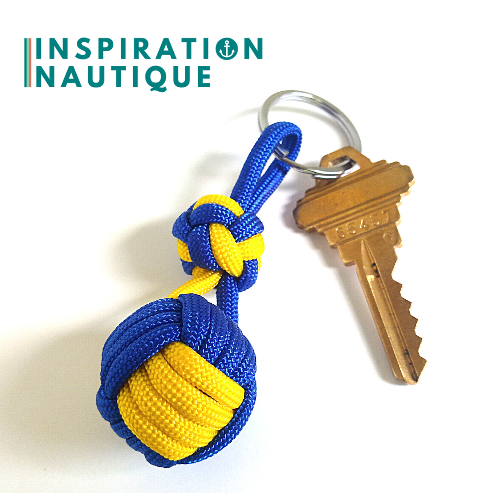 Porte-clé noeud poing de singe et double noeud de sifflet de bosco, Bleu et jaune