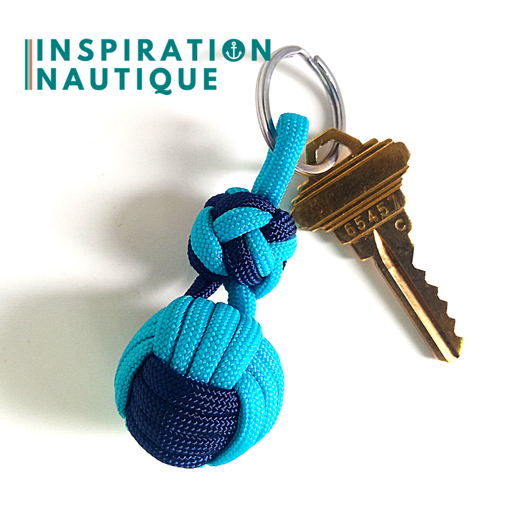 Porte-clé noeud poing de singe et double noeud de sifflet de bosco, Turquoise et marine