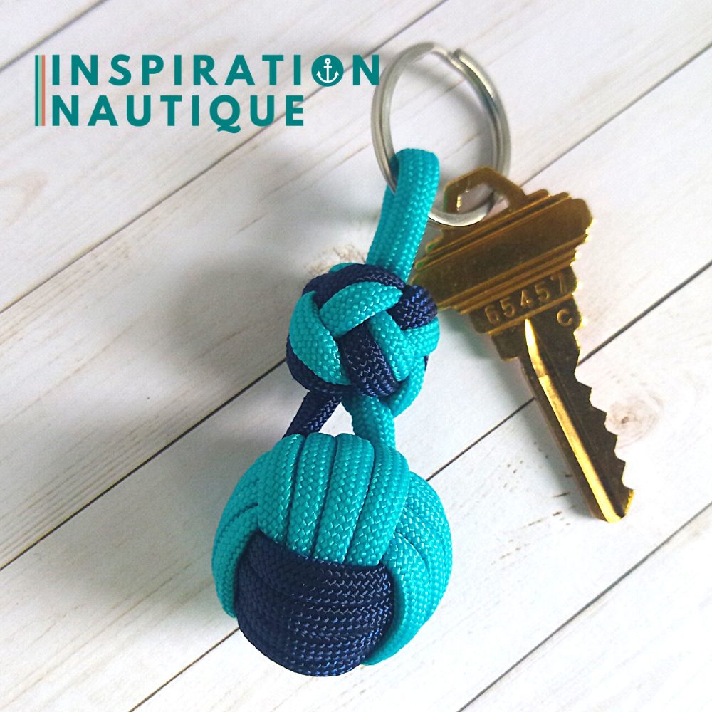 Porte-clé noeud poing de singe et double noeud de sifflet de bosco, Turquoise et marine