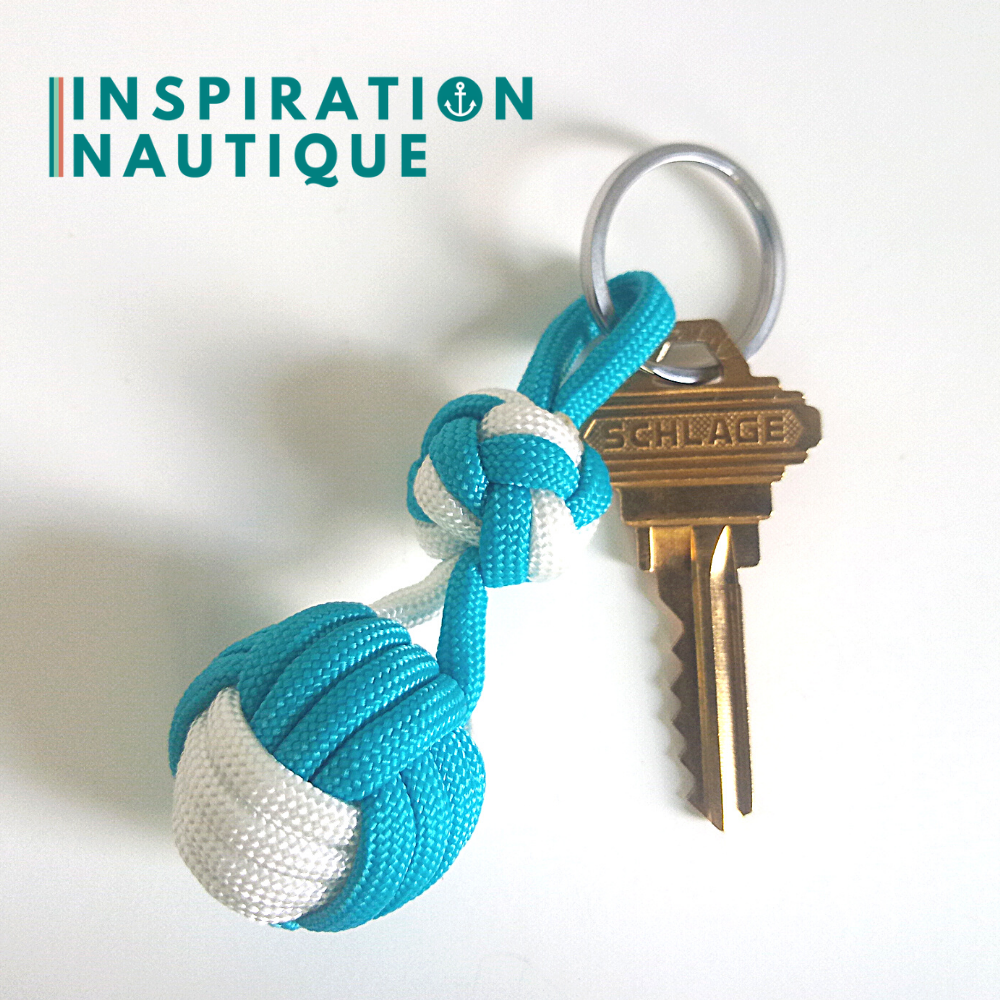 Porte-clé noeud poing de singe et double noeud de sifflet de bosco, Turquoise et blanc