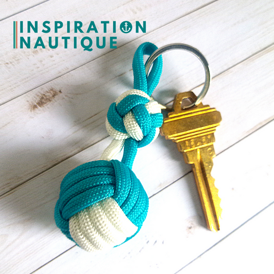 Porte-clé noeud poing de singe et double noeud de sifflet de bosco, Turquoise et blanc