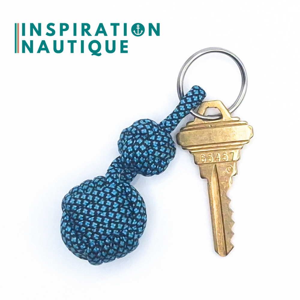 Porte-clé noeud poing de singe et double noeud de sifflet de bosco, Turquoise et noir, diamants