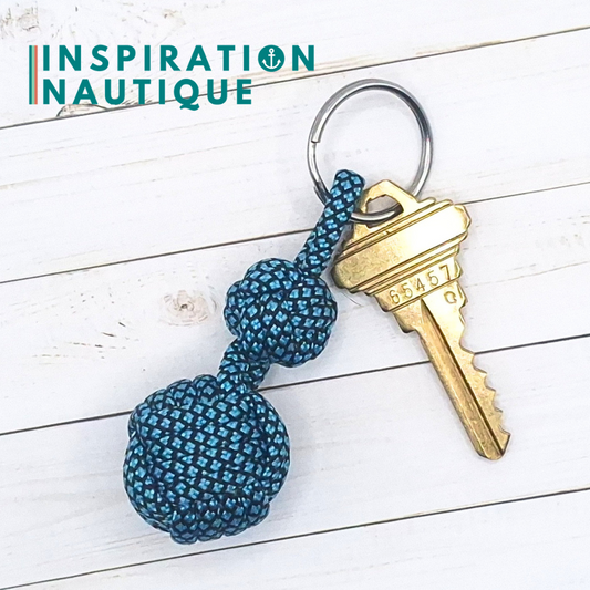 Porte-clé noeud poing de singe et double noeud de sifflet de bosco, Turquoise et noir, diamants