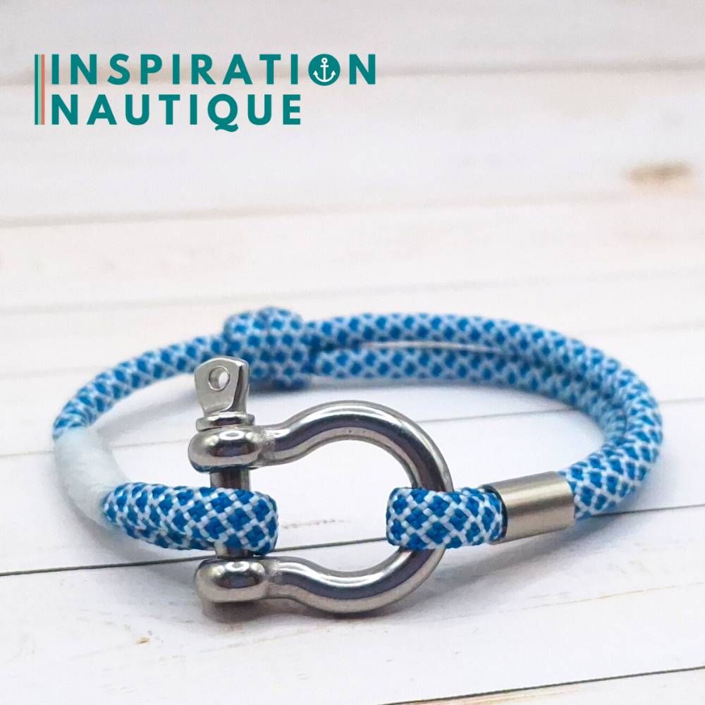 Bracelet marin avec manille en paracorde 550 et acier inoxydable, ajustable, Bleu Caraïbes et blanc diamants, surliure blanche, Medium