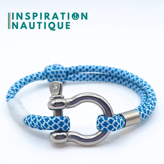 Bracelet marin avec manille en paracorde 550 et acier inoxydable, ajustable, Bleu Caraïbes et blanc diamants, surliure blanche, Medium