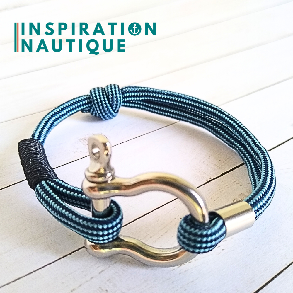 Bracelet marin avec manille en paracorde 550 et acier inoxydable, ajustable, Marine et bleu pâle, ligné, Medium