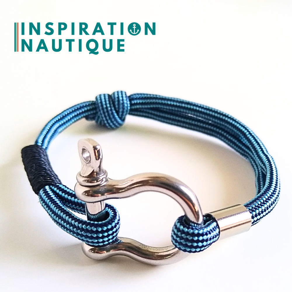 Bracelet marin avec manille en paracorde 550 et acier inoxydable, ajustable, Marine et bleu pâle, ligné, Medium