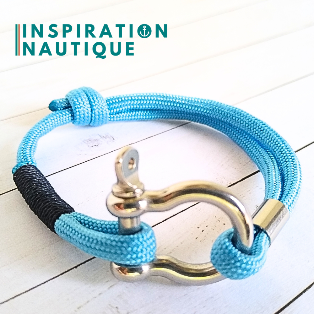 Bracelet marin avec manille en paracorde 550 et acier inoxydable, ajustable, Bleu pâle, surliure marine, Medium