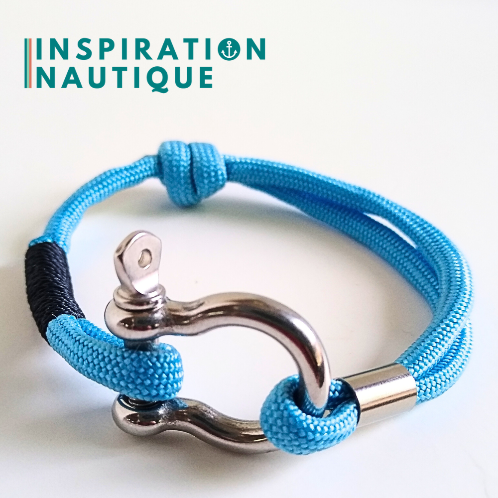 Bracelet marin avec manille en paracorde 550 et acier inoxydable, ajustable, Bleu pâle, surliure marine, Medium