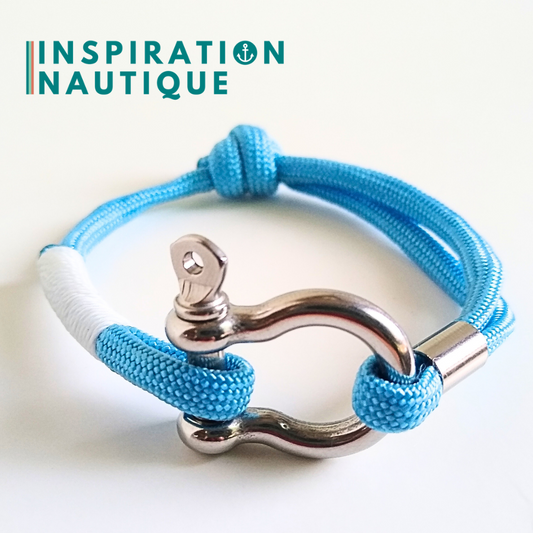 Bracelet marin avec manille en paracorde 550 et acier inoxydable, ajustable, Bleu pâle, surliure blanche, Small