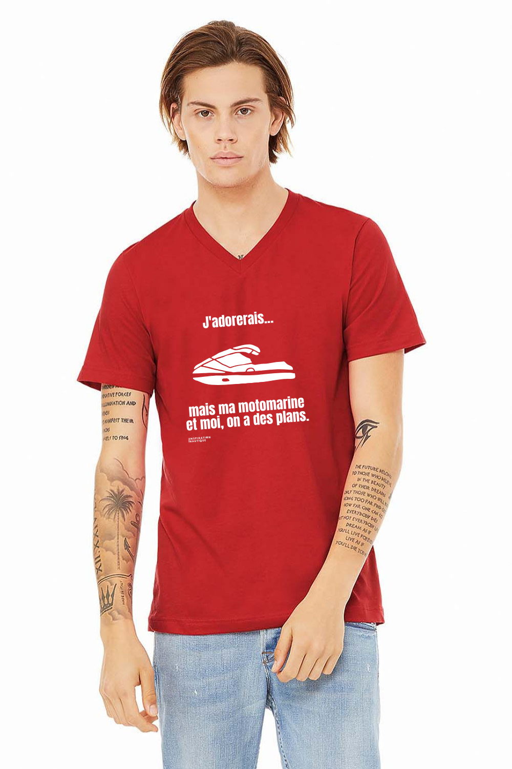 T-shirt unisexe col en V - J'adorerais... mais ma motomarine et moi, on a des plans - Visuel blanc