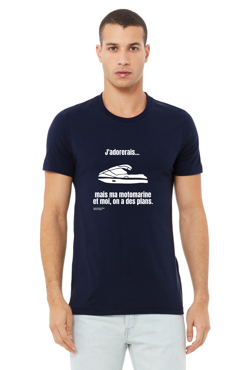 T-shirt unisexe col rond - J'adorerais... mais ma motomarine et moi, on a des plans - Visuel blanc