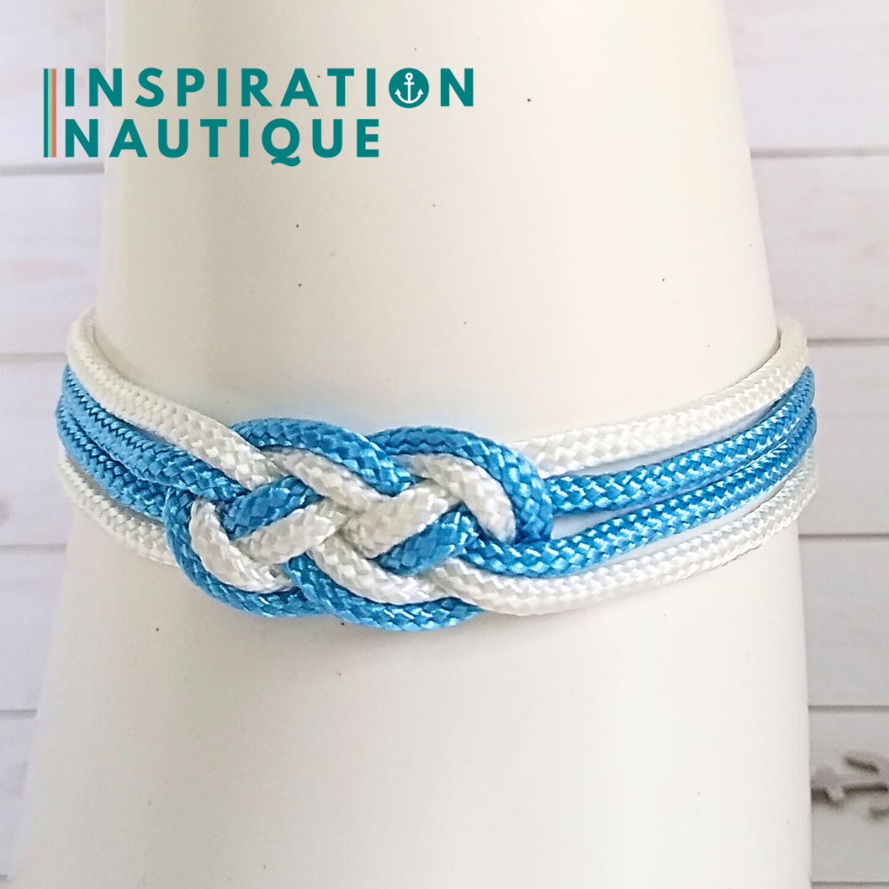 Bracelet marin avec mini noeud de carrick double, Blanc et bleu pâle, Medium