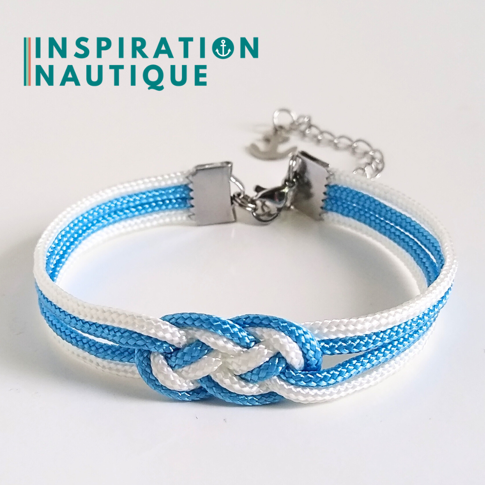 Bracelet marin avec mini noeud de carrick double, Blanc et bleu pâle