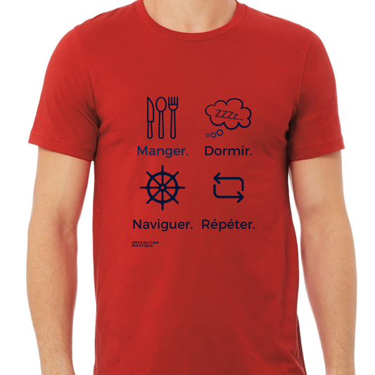 T-shirt unisexe col rond - Manger, dormir, naviguer, répéter (roue) - Visuel marine