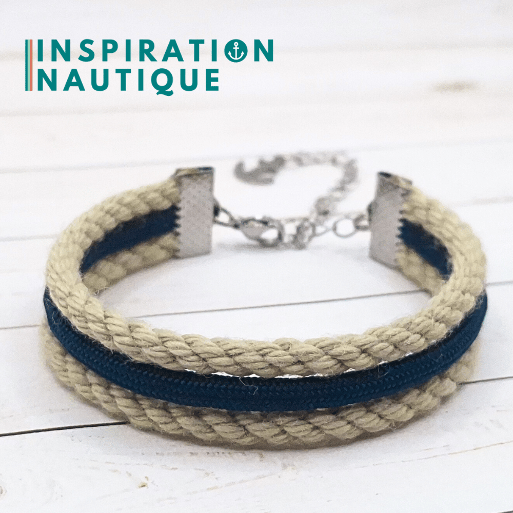Bracelet marin triple rayures en cordage de bateau vintage et paracorde et acier inoxydable, Naturel et marine, Medium