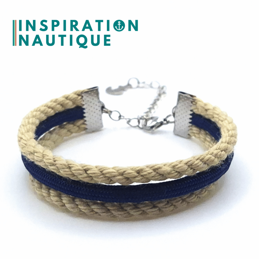 Bracelet marin triple rayures en cordage de bateau vintage et paracorde et acier inoxydable, Naturel et marine, Medium