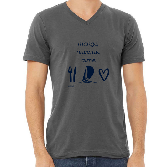 T-shirt unisexe col en V - Mange, navigue, aime (voilier) - Visuel marine