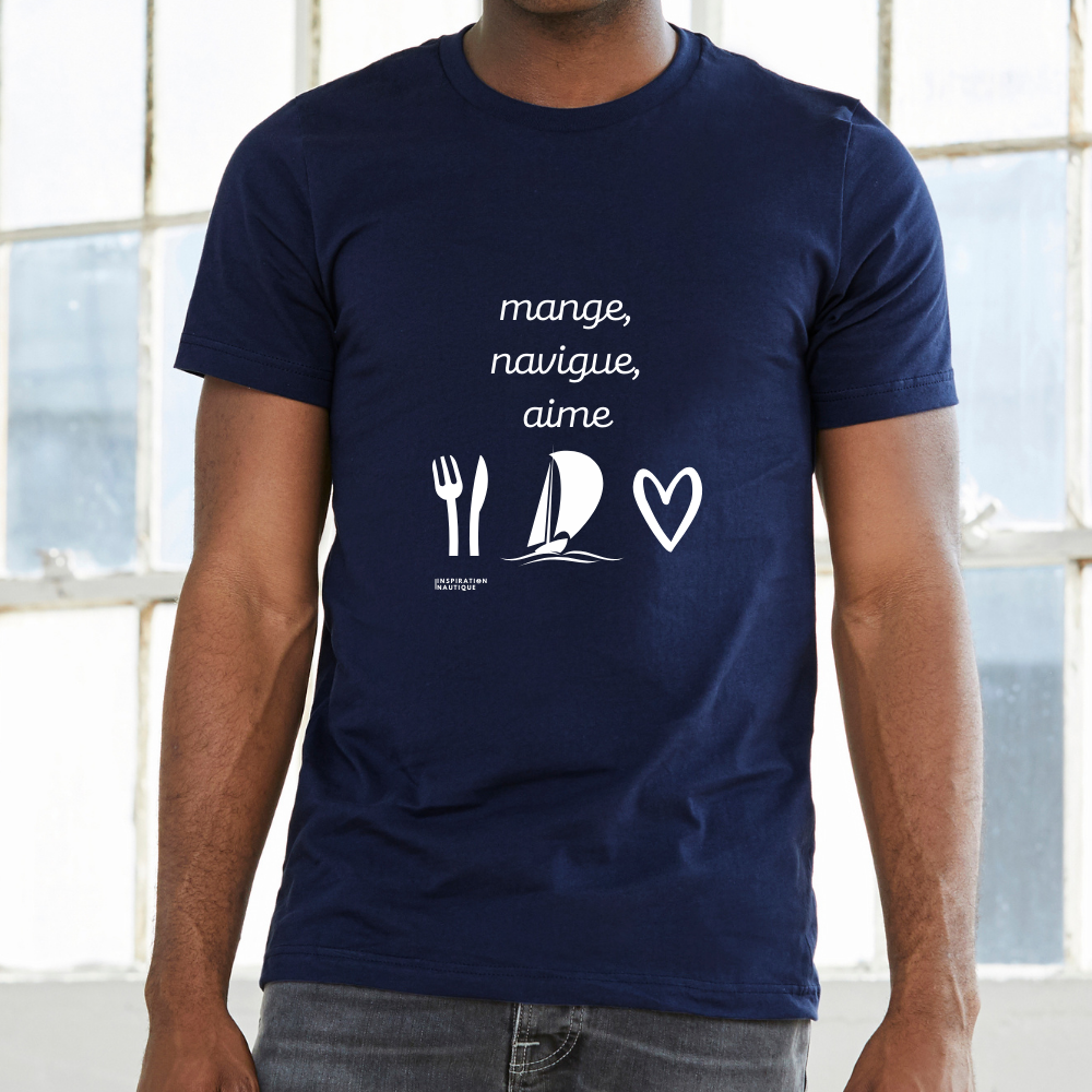 T-shirt unisexe col rond - Mange, navigue, aime (voilier) - Visuel blanc