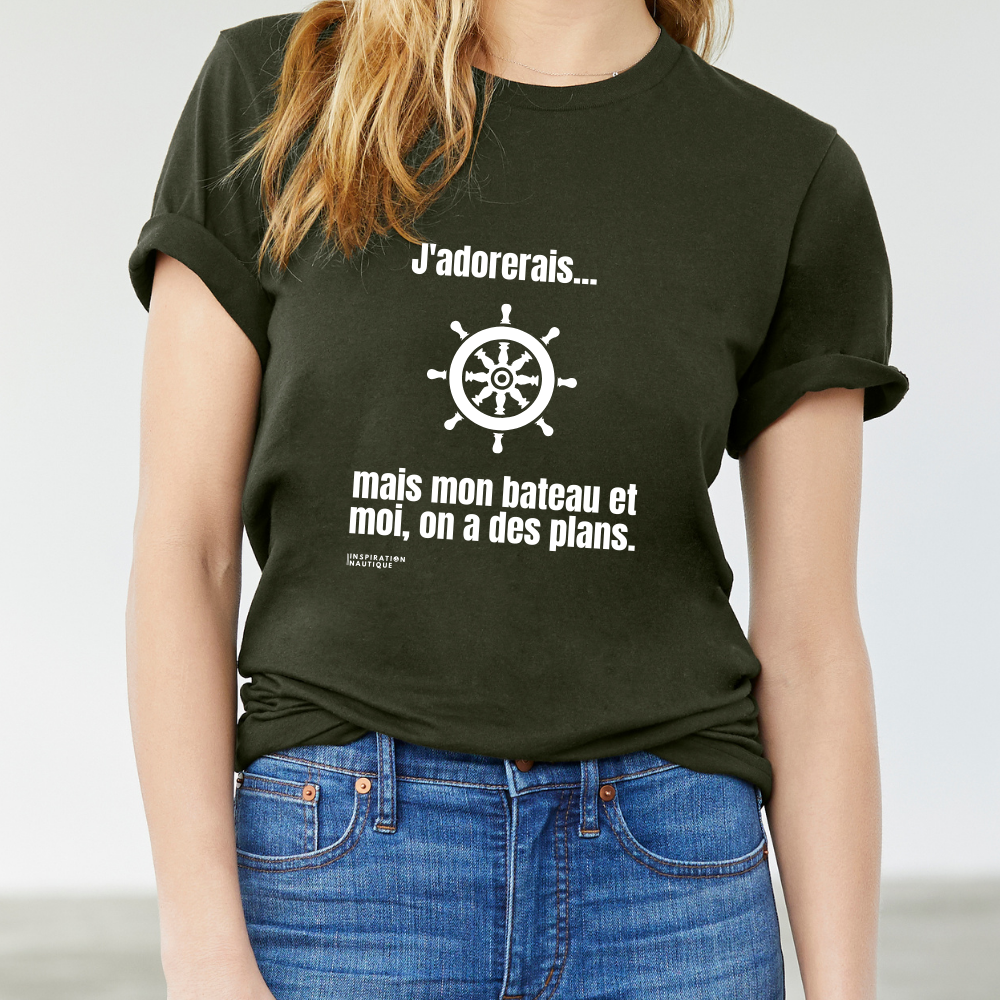 T-shirt unisexe col rond - J'adorerais... mais mon bateau et moi, on a des plans (roue) - Visuel blanc