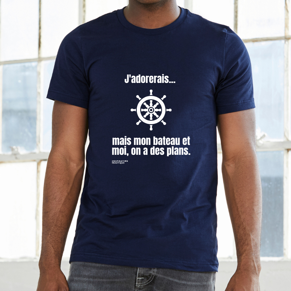 T-shirt unisexe col rond - J'adorerais... mais mon bateau et moi, on a des plans (roue) - Visuel blanc