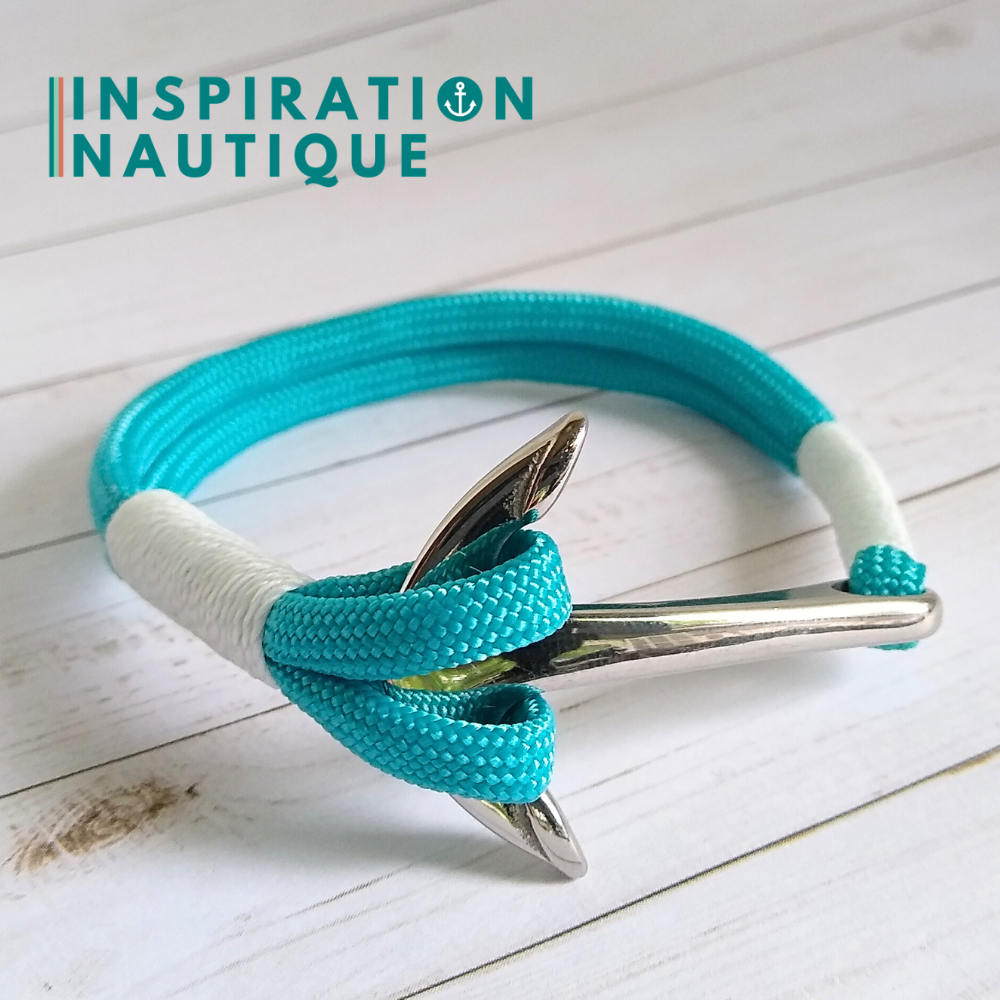 Bracelet marin avec ancre en paracorde 550 et acier inoxydable, Turquoise, surliure blanche, Medium