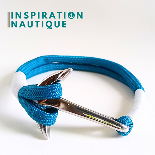 Bracelet marin avec ancre en paracorde 550 et acier inoxydable, Bleu Caraïbes, surliure blanche, Medium