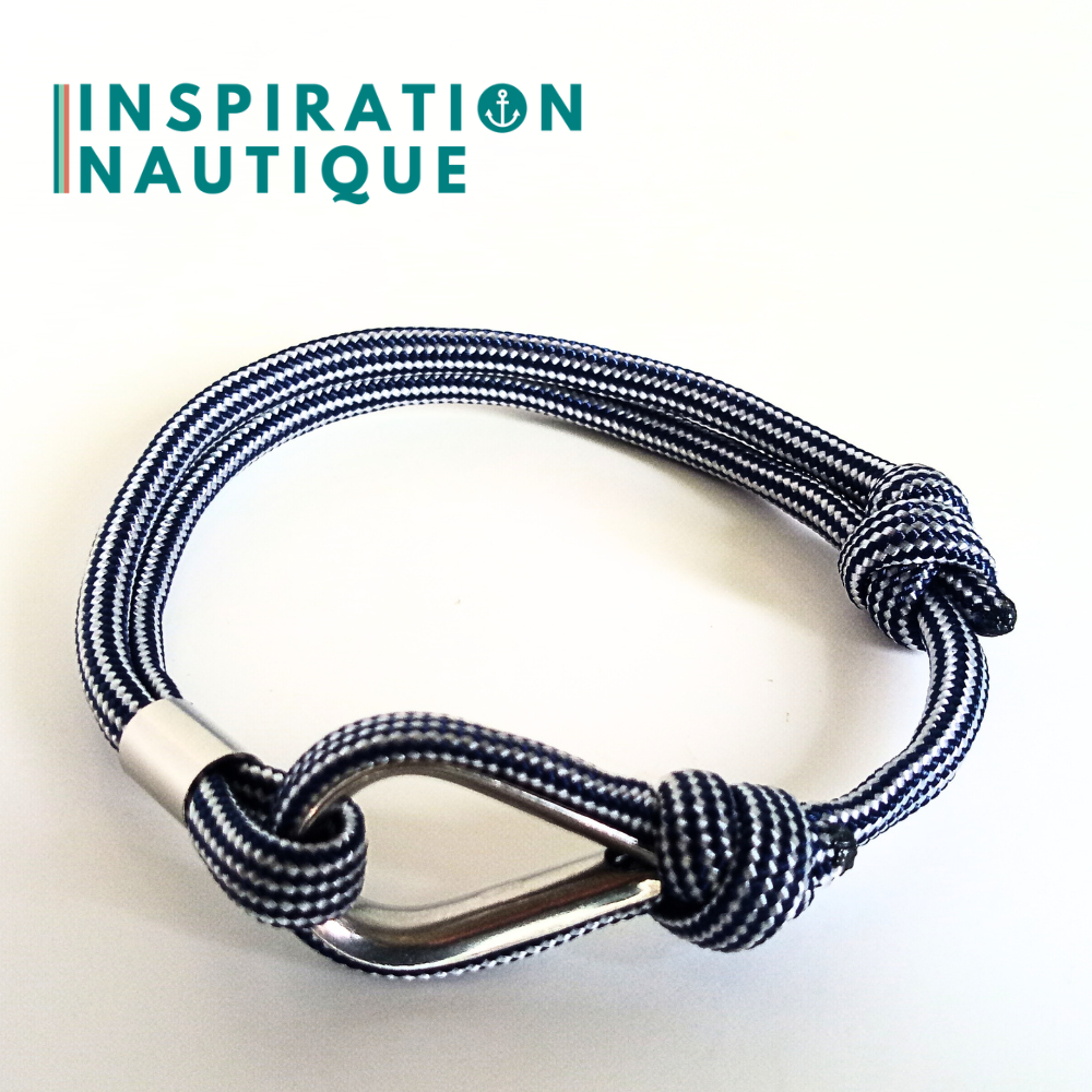 Bracelet marin avec cosse et noeud de pêcheur, Marine et blanc ligné, Medium