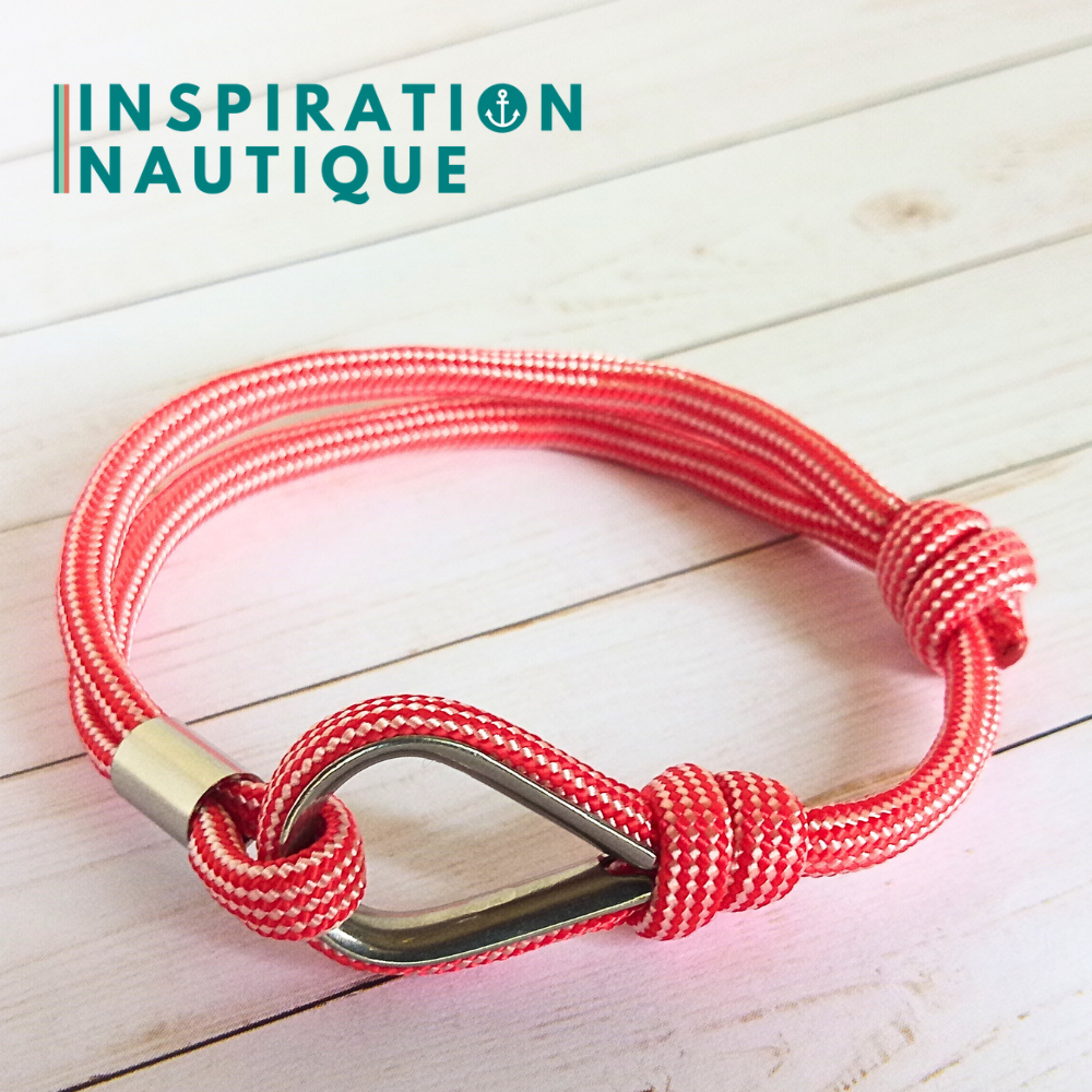 Bracelet marin avec cosse et noeud de pêcheur, Rouge et blanc ligné