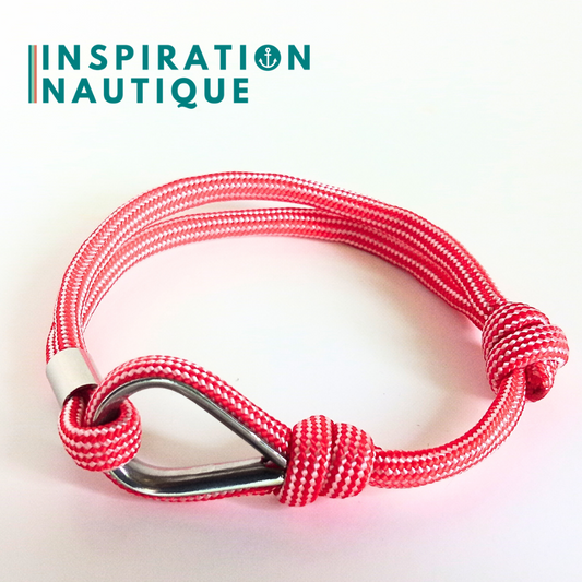 Bracelet marin avec cosse et noeud de pêcheur, Rouge et blanc ligné, Medium