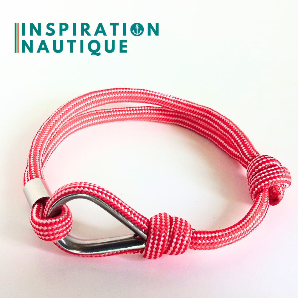 Bracelet marin avec cosse et noeud de pêcheur, Rouge et blanc ligné