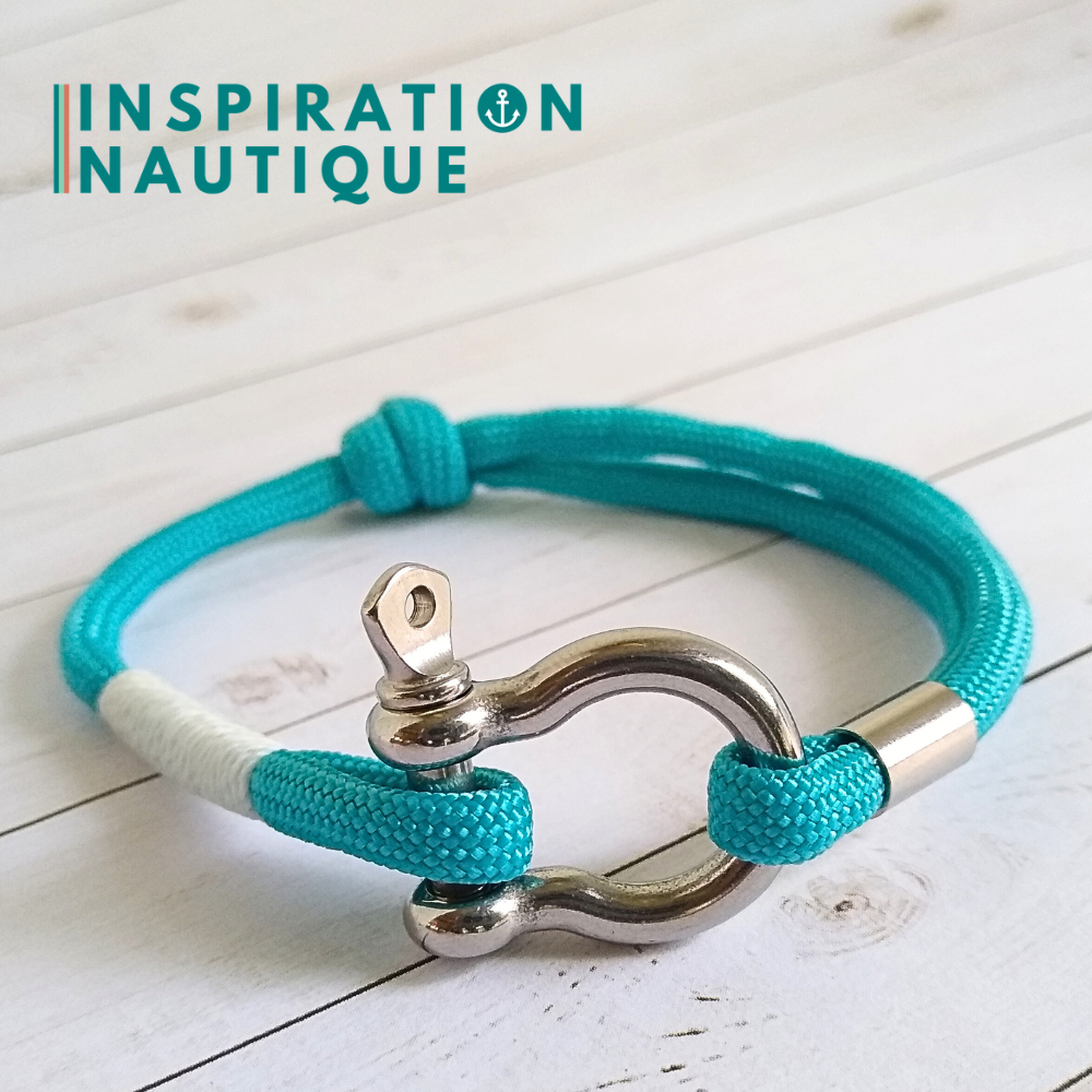Bracelet marin avec manille en paracorde 550 et acier inoxydable, ajustable, Turquoise, surliure blanche, Medium