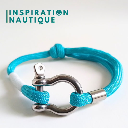 Bracelet marin avec manille en paracorde 550 et acier inoxydable, ajustable, Turquoise, surliure blanche, Medium
