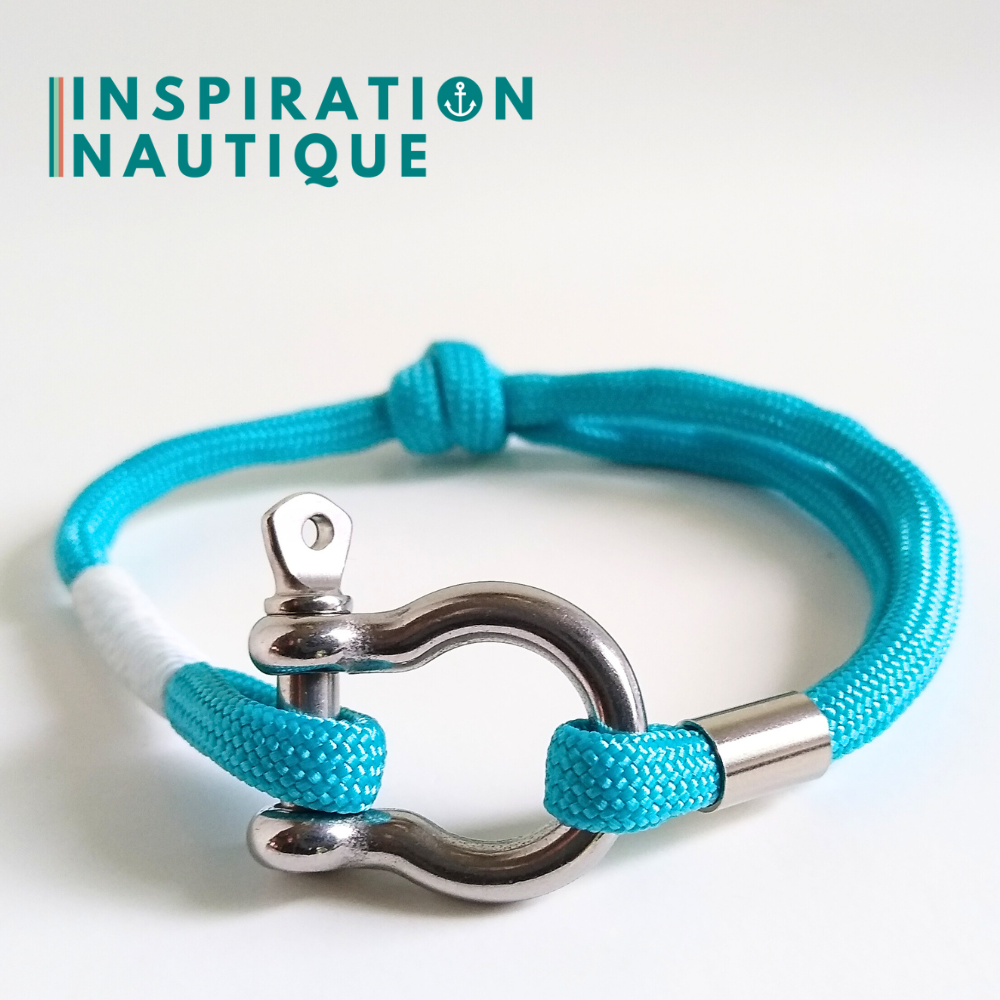 Marine bracelet with shackle for men or women in 550 paracord and stainless steel, adjustable, Turquoise