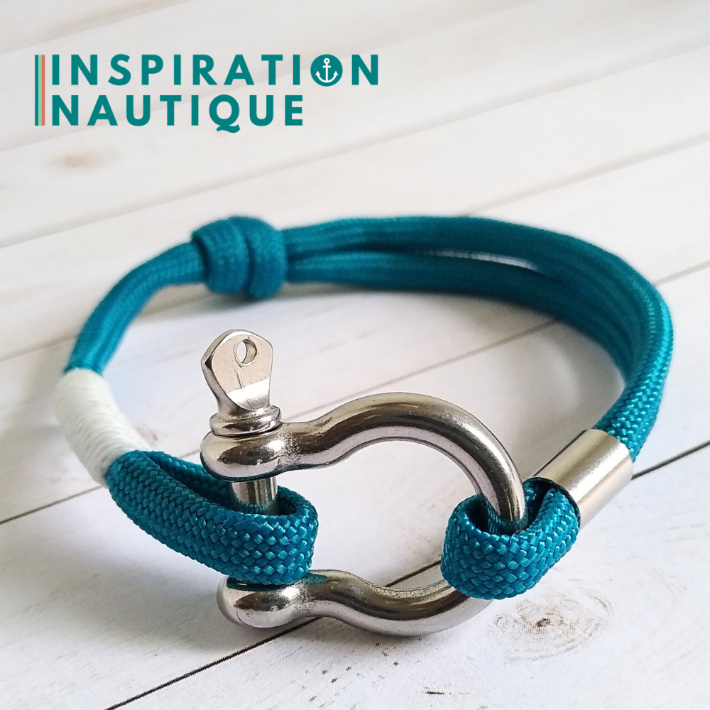 Bracelet marin avec manille en paracorde 550 et acier inoxydable, ajustable, Bleu Caraïbes, surliure blanche, Medium