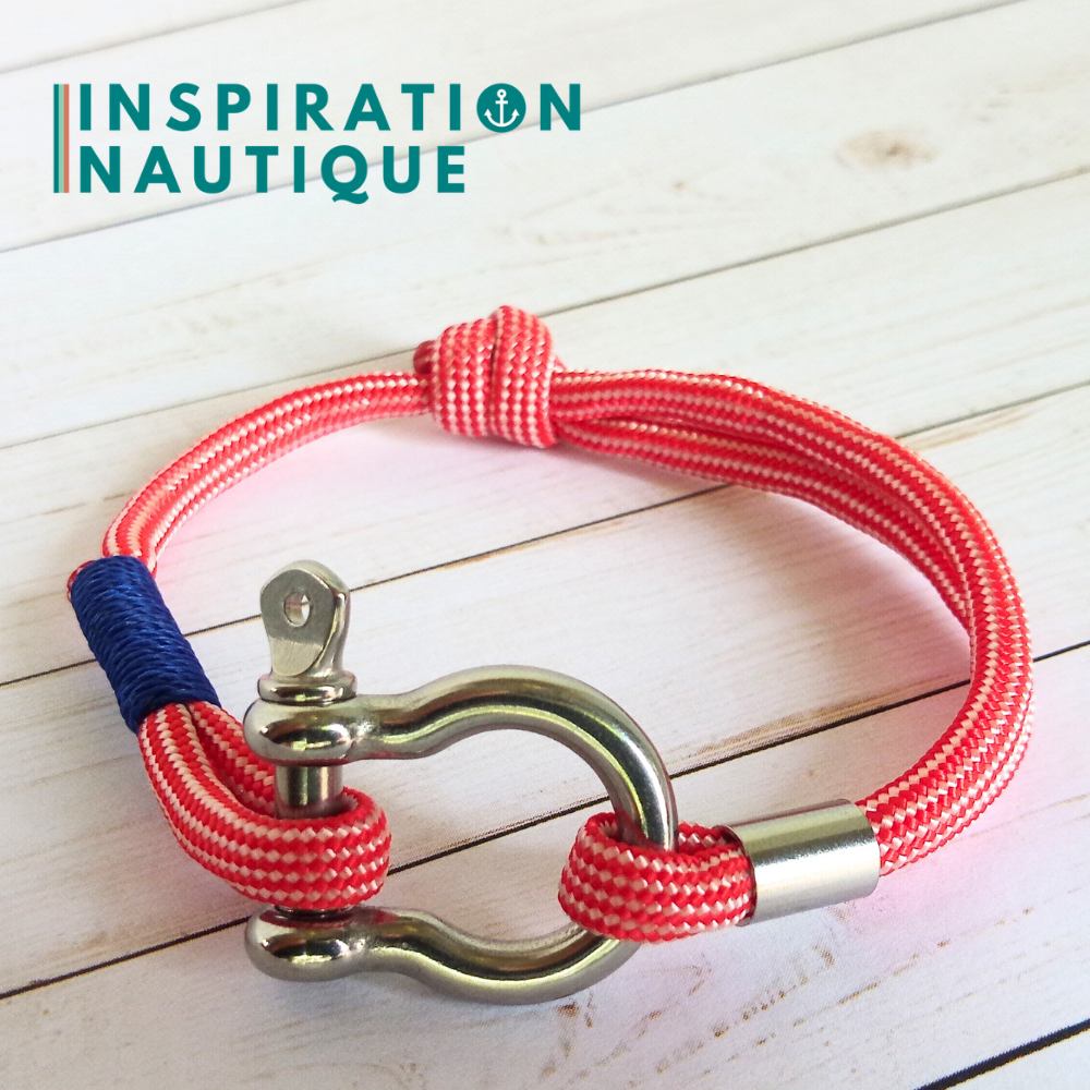 Bracelet marin avec manille en paracorde 550 et acier inoxydable, ajustable, Rouge et blanc, ligné, surliure marine, Medium